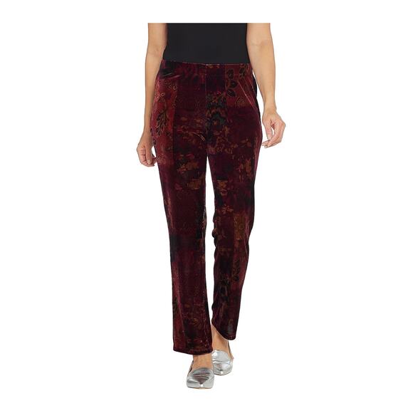 Susan Graver Printed Stretch Velvet Pull-On Pants Berry Amber XS New - Picture 1 of 8